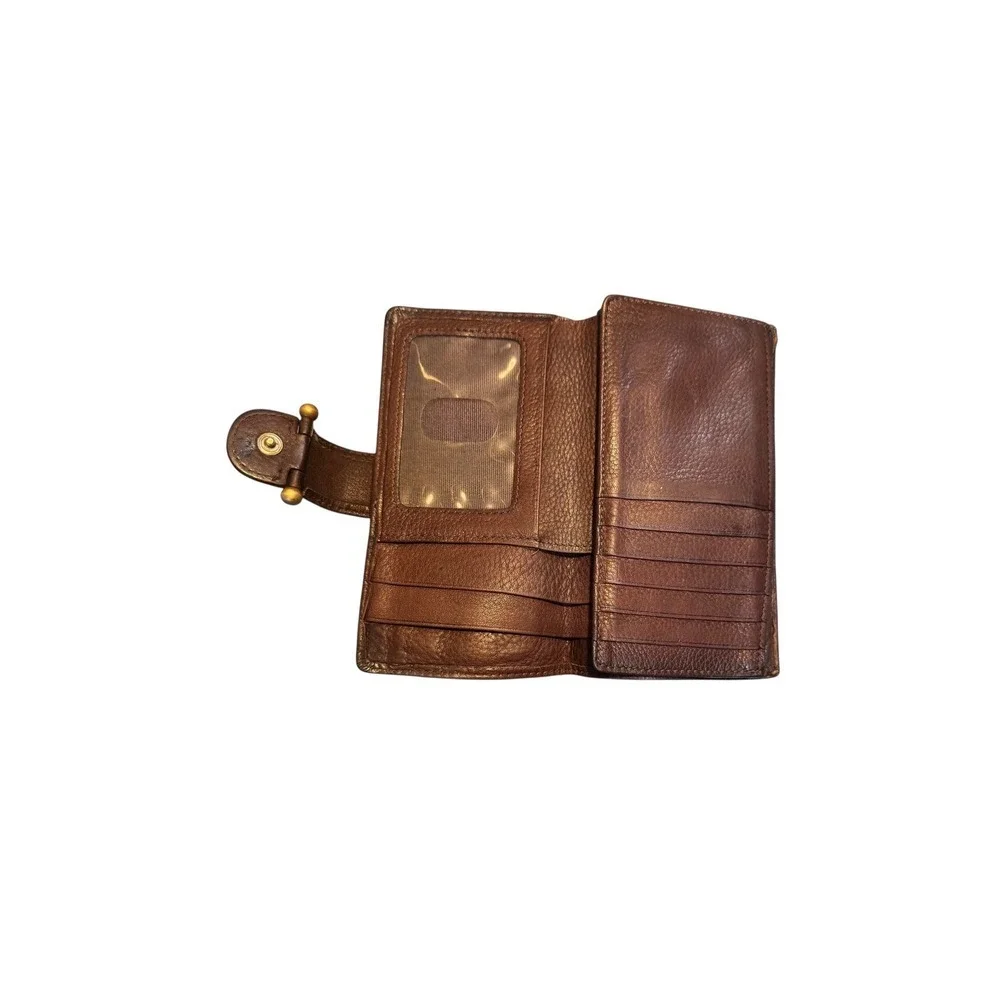 Fossil Womens Dark Brown Pebbled‎ Leather Bifold Wallet Brass Hardware Logo